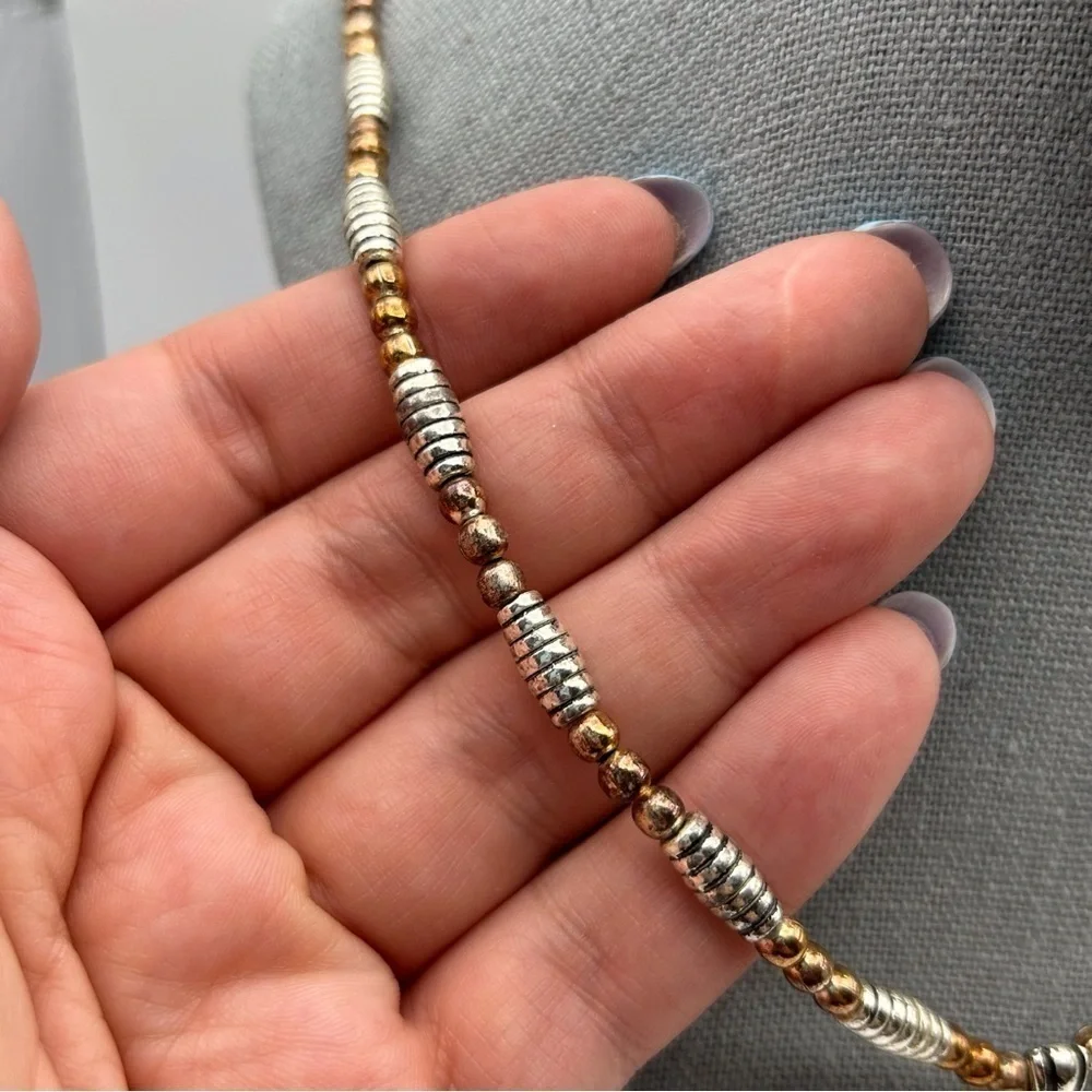 Vintage Napier Silver Tone Spiral Beaded with Bronze Beads Cross Flower Necklace